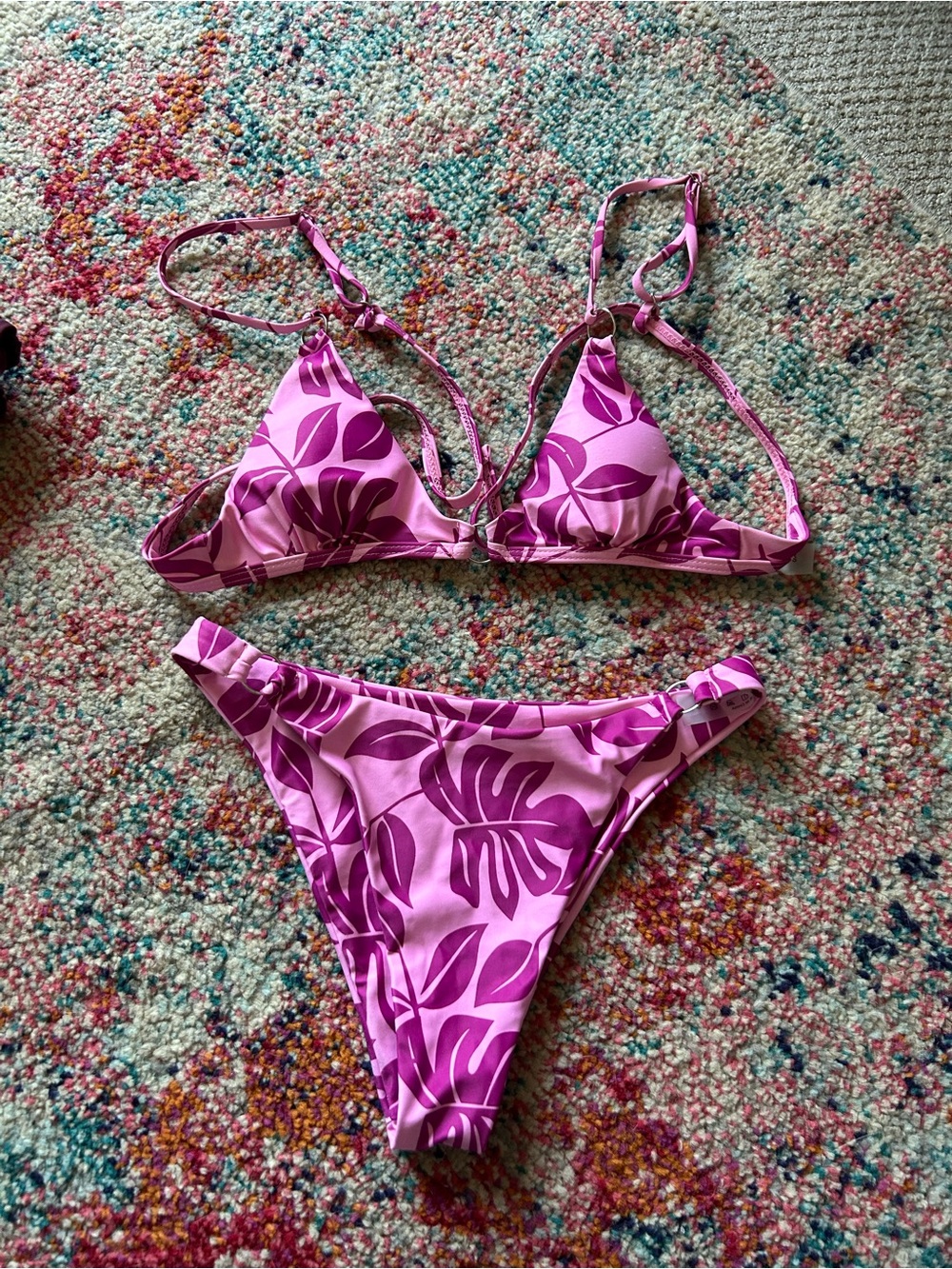 SHEIN Pink Purple Leaf Print Triangle Bikini